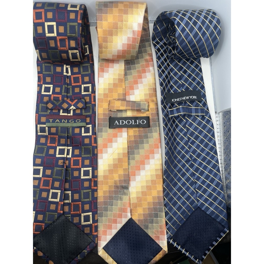 Lot of 3 Men's Ties Jones New York Adolfo Tango Geometric Plaid Silk Necktie 3pc - Picture 2 of 2
